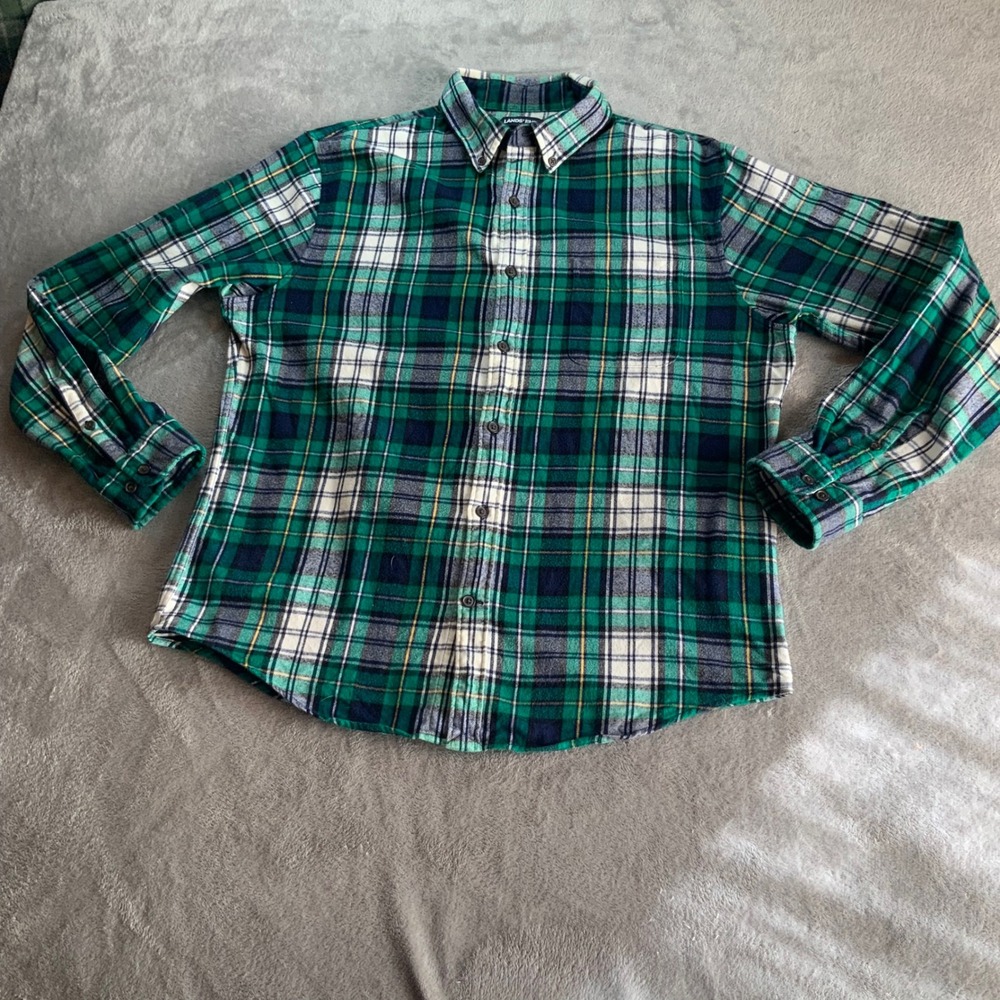 Lands End Mens Flannel Shirt Large Tailored Fit Green Blue Plaid Button Down